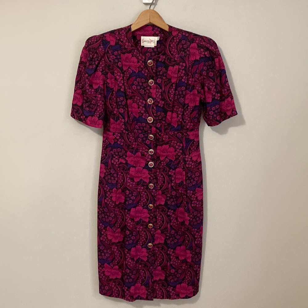 Vintage Pink and purple floral dress, Success Dress, 4P, size 4 petite